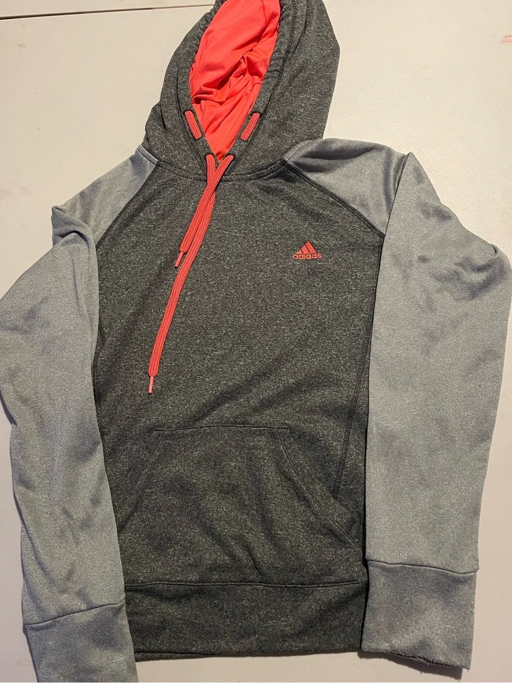 adidas Men’s Charcoal Gray Zip Hoodie with Coral Accent